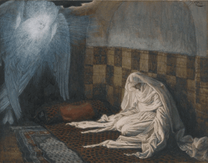 French painter and illustrator James Jacques Tissot (1836-1902) rendered his interpretation of the Annunciation in Luke 1:26-45 on opaque watercolor over graphite on grey woven paper. The image is owned by the Brooklyn Museum and used from here.