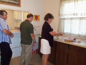 Alex Harantcavage, David Navaille, and Sharon Sampson make their way through the refreshments line before Sunday Adult Bible Class on August 19, 2012. Refreshments are available starting at 9:15, and there is time to visit over them, up to the 9:30 start of Sunday School and Bible Class.