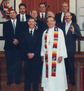 Pilgrim’s initial Certified Pastoral Assistants (CPAs) pose for a photo on the day of their commissioning in the mid 1990s. In the front row (left to right) are then-interim pastor Rev. Joseph C. Lowery and Texas District CPA program supervisor Rev. Eugene Gruell. In the middle row are Carl Gardner, Jack LeBus, Bob Abraham, and George B. Heil. In the back row are Tommy McPherson, Danny Sampson, and George A. Heil. Rev. Gruell trained the CPAs during sessions held both in Austin and in Kilgore.