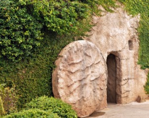 The entrance of a replica of the tomb where Jesus was buried with the stone rolled away. (The image is from here, and it is used in the slider graphic for this page with excerpts from Luke 24:5-6 ESV.)