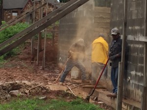 On  June 3, 2016, crews work on removing the cracked footing of the foundation wall, having removed the cracked portion of the wall the day before. Photo: B. Wuthrich."
